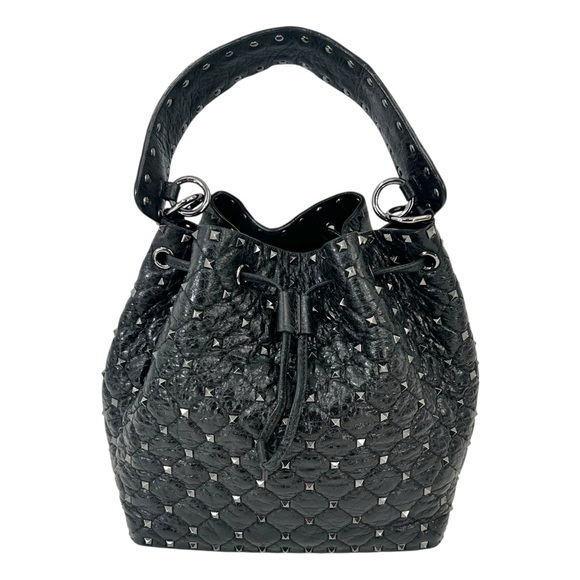 Valentino Garavani Black Rockstud Spike Leather Studded Bucket Bag Crossbody - Picture 1 of 16